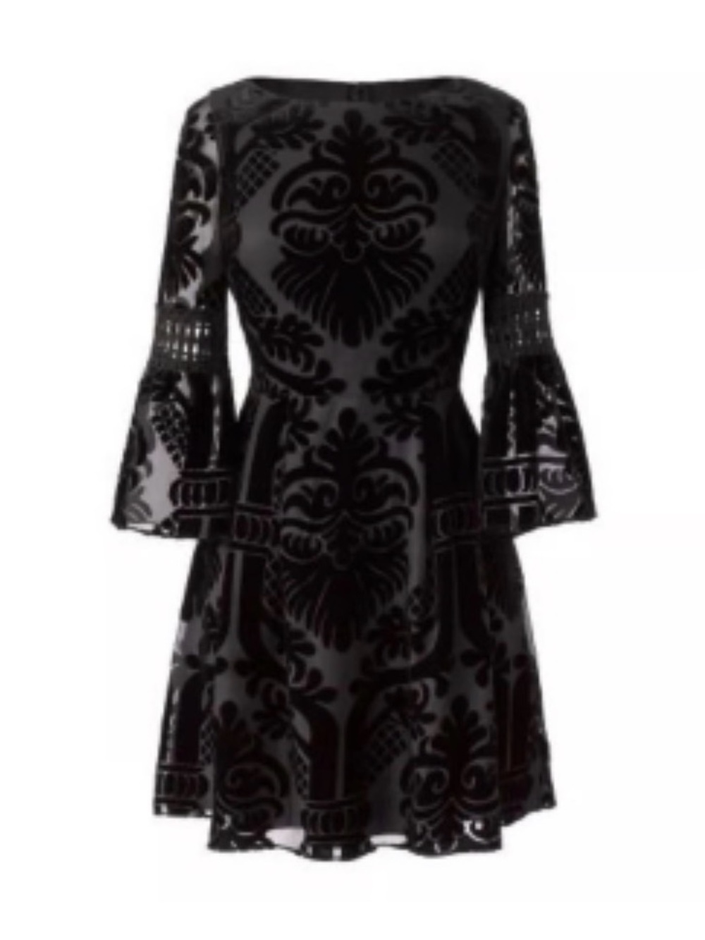 Eliza J Black Burnout Velvet Fit-and-Flare Dress with Bell Sleeves